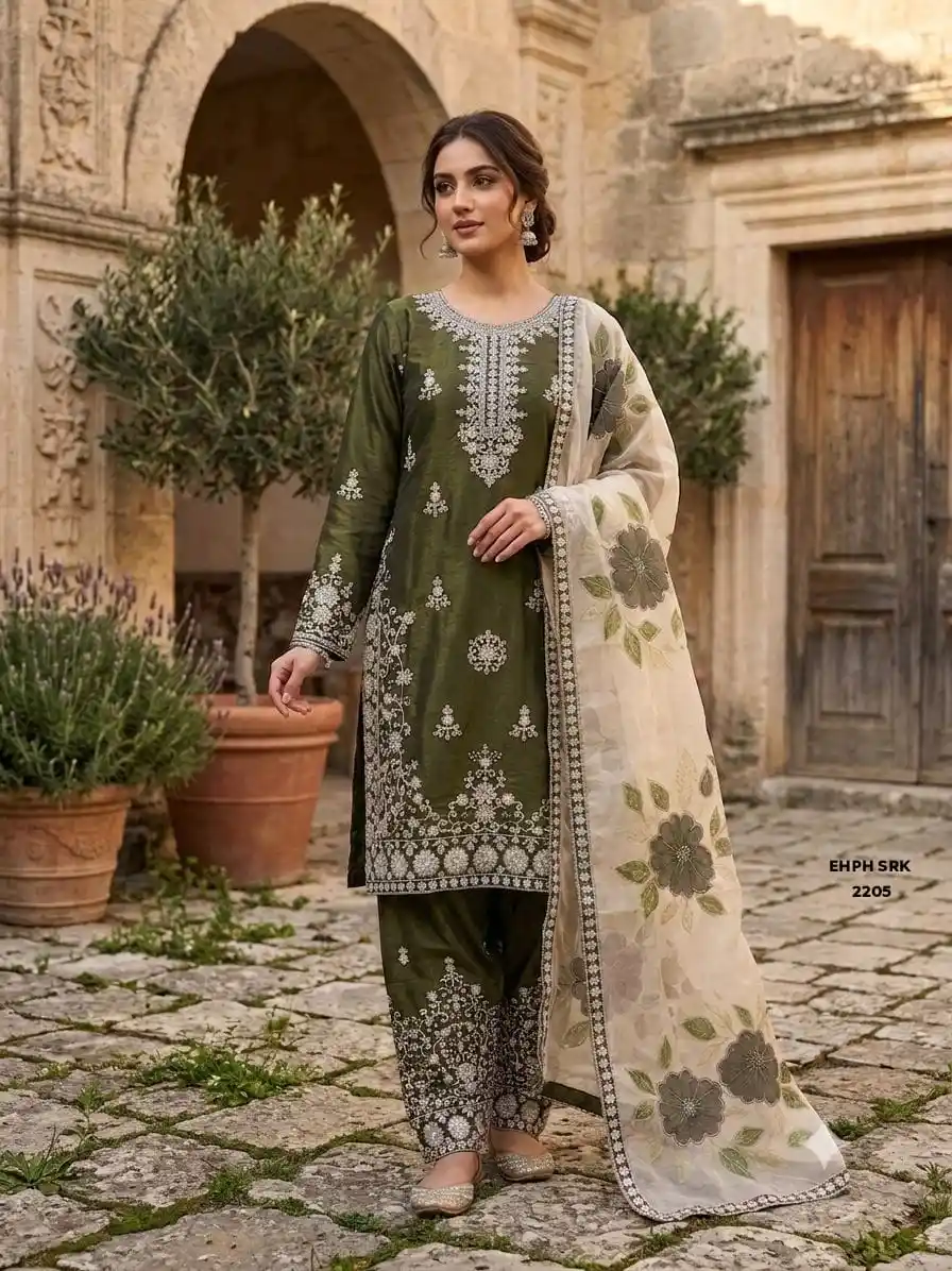 Mehndi Olive Green Jimi Chu Silk Heavily Embroidered Straight Kurta with Palazzo Pants